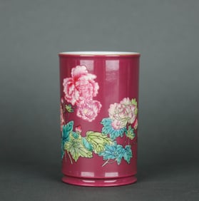 A RUBY-RED-GROUND ENAMEL 'FLOWERS' BRUSH POT