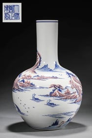 A BLUE AND WHITE, UNDERGLAZED RED 'LANDSCAPE' GLOBULAR VASE