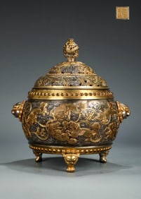 A GILT AND SILVER-INLAID BRONZE 'LION' CENSER