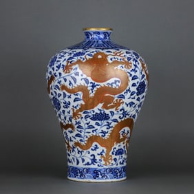 A BLUE AND WHITE, IRON-RED, GILT 'DRAGON AMONG FLOWERS' MEIPING