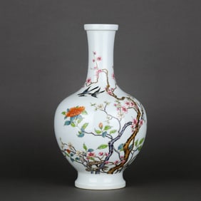 A FAMILLE ROSE 'FLOWERS, BIRDS AND POETRY' VASE