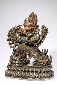 A TIBETAN ROYAL TEMPLE STYLE SILVER FIGURE OF YAMANTAKA