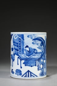 A BLUE AND WHITE 'FIGURE' BRUSHPOT