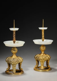 A PAIR OF GILT-BRONZE OIL LAMPS WITH JADE INLAY