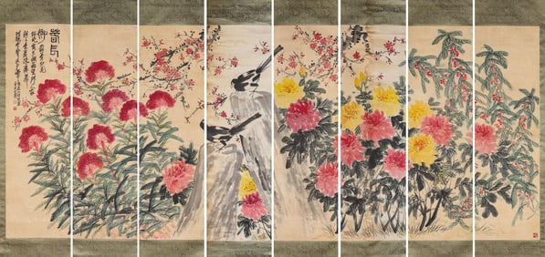 QI BAISHI (1864-1957), ATTRIBUTED TO, FLOWERS (EIGHT-PANEL SCREEN)
