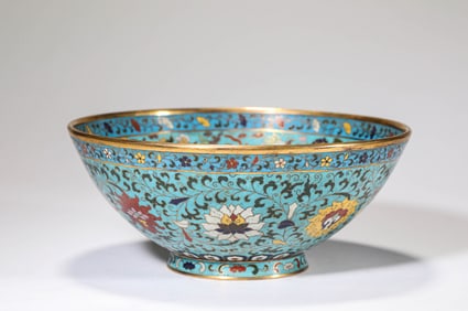 A CLOISONNé ENAMEL 'LOTUS-AND-DRAGON' LARGE BOWL