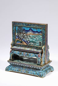 A CLOISONNé ENAMEL 'FIGURES' BRUSH REST WITH IMPERIAL POEM