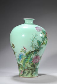 A PEA-GREEN GLAZED 'BUTTERFLY-AND-FLOWER' MEIPING