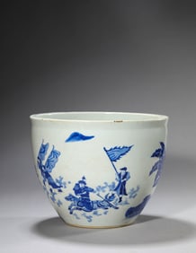 A BLUE AND WHITE 'FEMALE WARRIOR' JAR