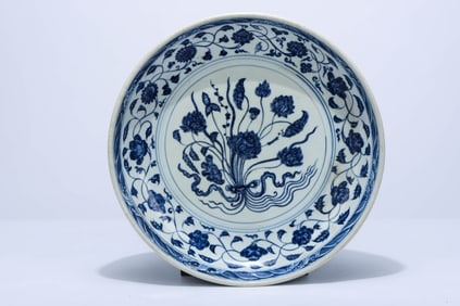 A BLUE AND WHITE 'A BOUND LOTUS' LARGE DISH