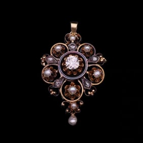 GOLD AND SILVER OVERLAY DIAMOND WILD PEARL PENDANT, CONVERTIBLE INTO BROOCH