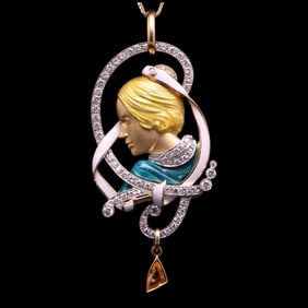 ITALIAN BRAND GIOVANNI FERRARIS 18K GOLD ENAMEL AND DIAMOND PENDANT WITH GIRL MOTIF