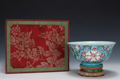 A SKY-BLUE-GROUND CLOISONNé ENAMEL 'FLOWERS' BOWL