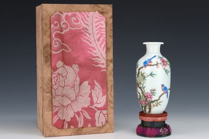 AN ENAMEL 'FLOWERS AND BIRDS' VASE