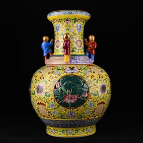A GILT CLOISONNé ENAMEL 'LOTUS AND BOYS' REVOLVING VASE
