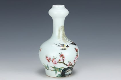 AN ENAMEL 'SPRING SWALLOWS IN APRICOT GROVE' GARLIC-HEAD SHAPED VASE