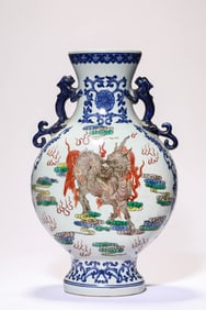 A BLUE AND WHITE WITH WUCAI 'AUSPICIOUS BEASTS' MOONFLASK