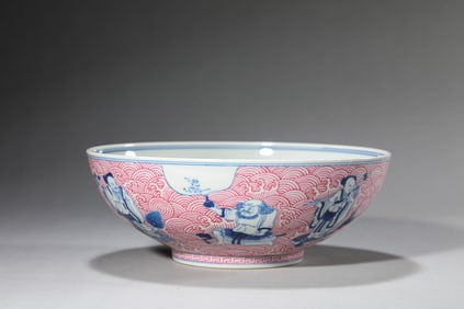 A BLUE AND WHITE WITH PINK 'EIGHT IMMORTALS CROSSING THE SEA' BOWL
