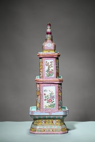 A FAMILLE-ROSE GILDED 'LONGEVITY AND HEALTH' PAGODA