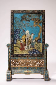 A CLOISONNé ENAMEL 'CHILDREN OFFERING LONGEVITY' TABLE SCREEN WITH POEM