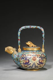 A CLOISONNé ENAMEL 'DOUBLE-DRAGON' POT WITH SWING HANDLE