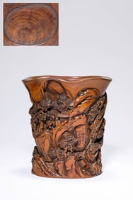 A WOODEN 'LANDSCAPE-AND-FIGURE' BRUSHPOT