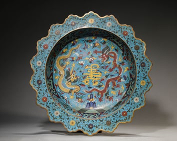 A CLOISONNé ENAMEL 'DRAGON' LOBED DISH