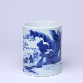 A BLUE AND WHITE 'LANDSCAPE, FIGURES AND STORY' BRUSH POT