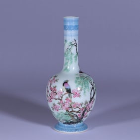 AN ENAMEL 'FLOWERS, BIRDS AND POETRY' LONG-NECK VASE