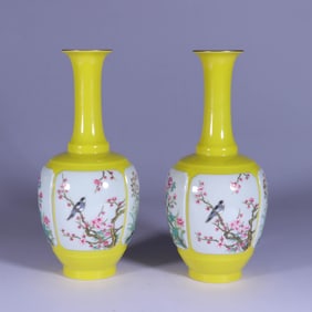 A PAIR OF YELLOW-GLAZED FAMILLE ROSE 'FLOWERS' VASES