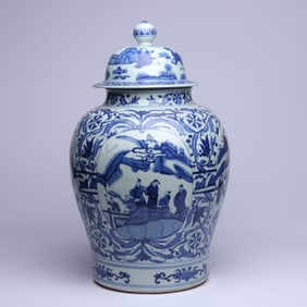 A BLUE AND WHITE 'FIGURES AND STORY' JAR