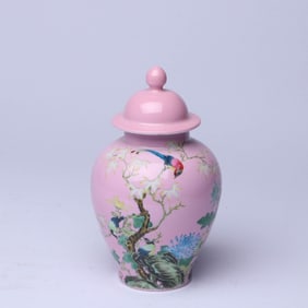 AN ENAMEL 'ROCKERY, FLOWERS, BIRDS AND POETRY' SMALL JAR