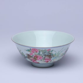 A FAMILLE ROSE 'ROCKERY, FLOWERS AND BIRDS' BOWL
