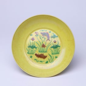 A YELLOW-GROUND GREEN ENAMEL 'FISH AND WATER WEEDS' DISH