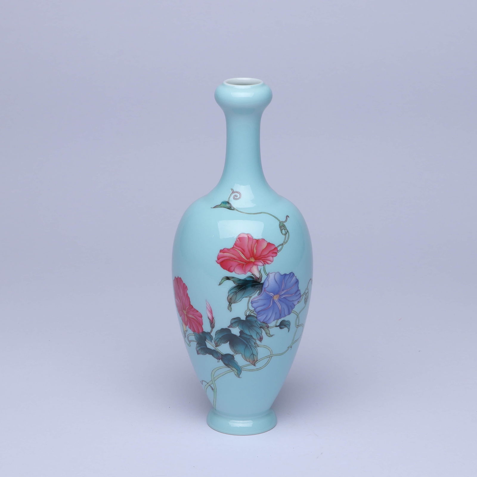 A SKY-BLUE GLAZED FAMILLE ROSE 'FLOWERS AND POETRY' GARLIC-HEAD VASE (1 of 6)