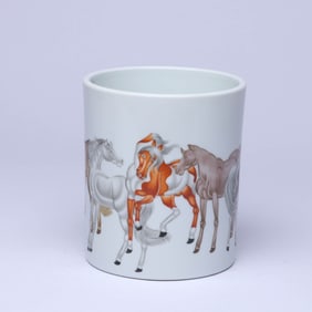 A FAMILLE ROSE 'HORSE' BRUSH POT