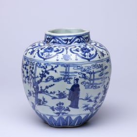 A BLUE AND WHITE 'FIGURES AND STORY' LOBED JAR