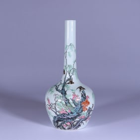 A FAMILLE ROSE 'FLOWERS, BIRDS AND POETRY' LONG-NECK VASE