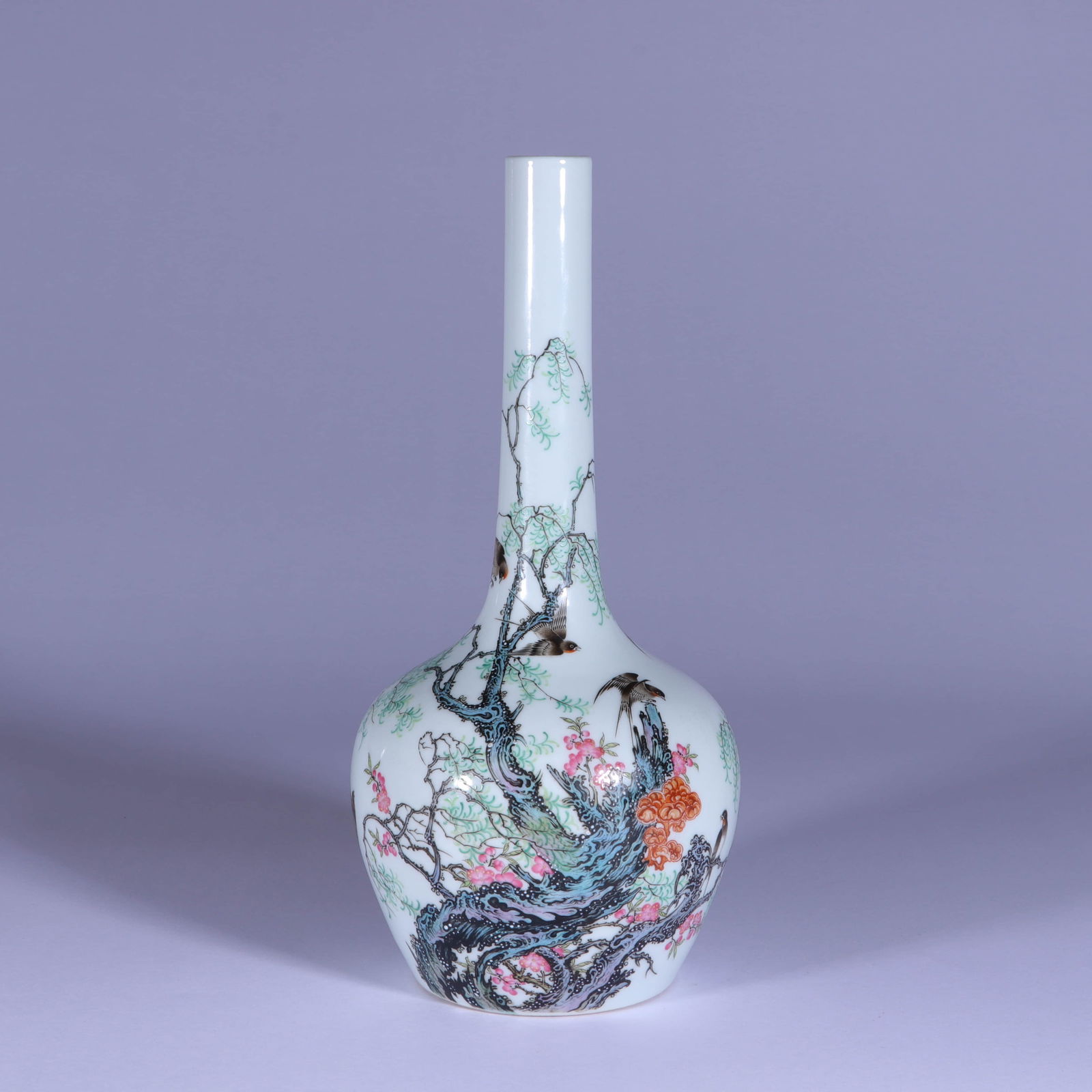 A FAMILLE ROSE 'FLOWERS, BIRDS AND POETRY' LONG-NECK VASE (1 of 7)