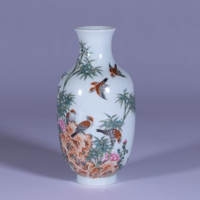 A FAMILLE ROSE 'ROCKERY, FLOWERS, BIRDS AND POETRY' ROULEAU VASE