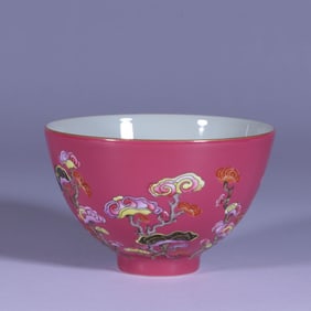 A RUBY RED-GROUND FAMILLE ROSE 'LINGZHI' BOWL
