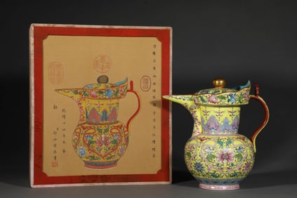 A YELLOW-GROUND FAMILLE ROSE 'FLORAL ' MONK'S-CAP EWER