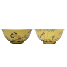 A PAIR OF ENAMEL 'ROCKERY, FLOWERS, BIRDS AND POETRY' BOWLS