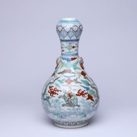 A DOUCAI 'DRAGON AND PHOENIX' BEAST-HANDLE GARLIC-HEAD VASE