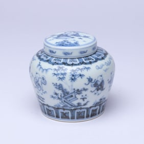 A BLUE AND WHITE 'INFANTS PLAYING' COVERED JAR