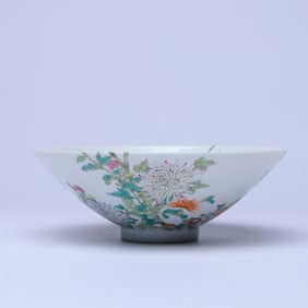 A FAMILLE ROSE 'FLOWERS AND BIRDS' CONICAL SHAPED BOWL