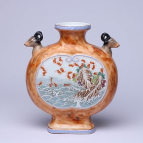 A WOOD-GRAIN GLAZED FAMILLE ROSE MEDALLION 'FORTUNE AND LONGEVITY' MOONFLASK