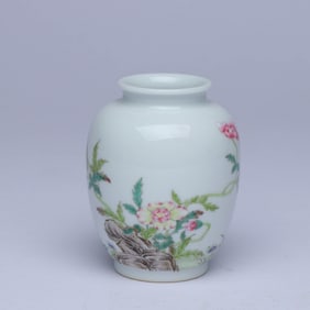 A FAMILLE ROSE 'ROCKERY, FLOWERS AND POETRY' LANTERN-SHAPED JAR