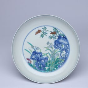 A DOUCAI 'ROCKERY AND FLOWERS' DISH