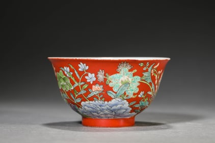 A CORAL-RED-GROUND FAMILLE-ROSE 'FLORAL' BOWL